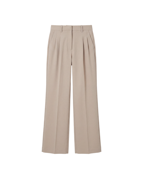 A pair of high-waisted, wide-leg trousers in a light beige color, featuring pleated detailing at the front of the waist, shown against a plain white background.