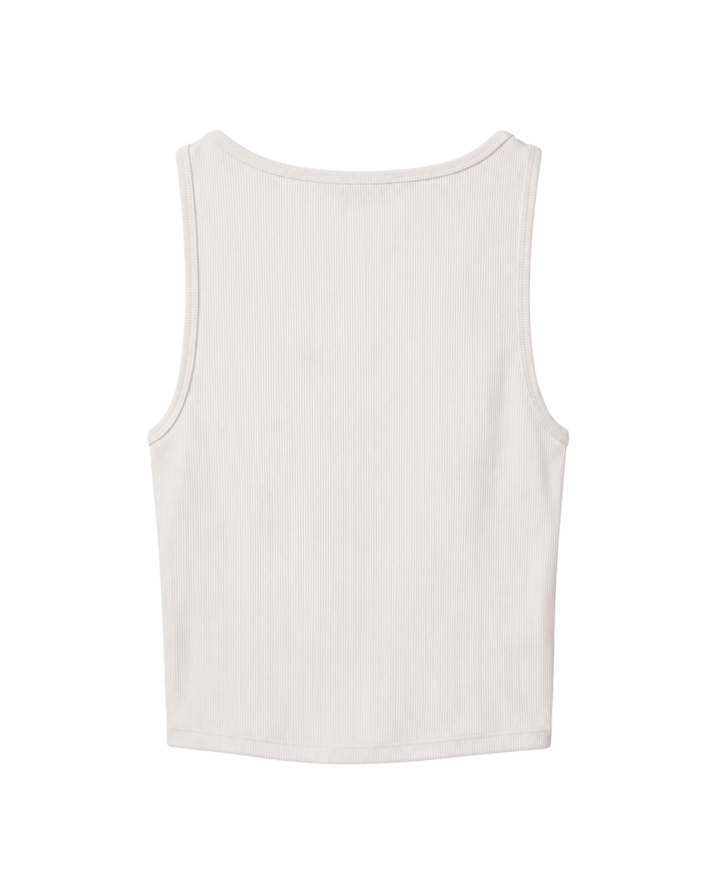 A sleeveless ribbed knit tank top shown from the back, in a light cream or off-white color, displayed on a solid white background.