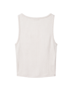 A sleeveless ribbed knit tank top shown from the back, in a light cream or off-white color, displayed on a solid white background.