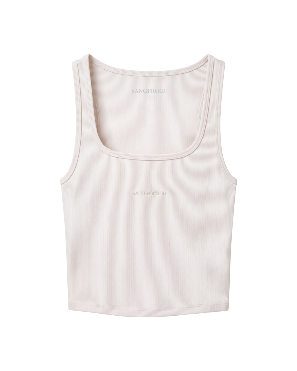 A light beige ribbed tank top with a scoop neck, featuring the brand name 'SANGFROID' in tonal embroidery on the chest, displayed on a clean white background.