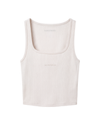 A light beige ribbed tank top with a scoop neck, featuring the brand name 'SANGFROID' in tonal embroidery on the chest, displayed on a clean white background.