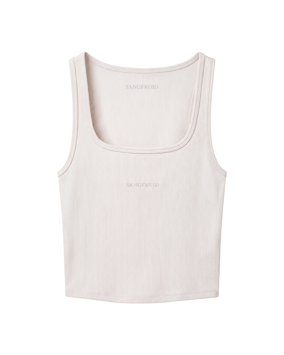 A light beige ribbed tank top with a scoop neck, featuring the brand name 'SANGFROID' in tonal embroidery on the chest, displayed on a clean white background.