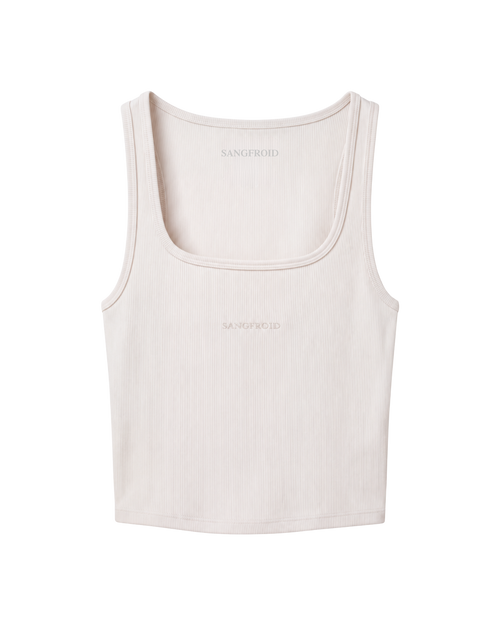 A light beige ribbed tank top with a scoop neck, featuring the brand name 'SANGFROID' in tonal embroidery on the chest, displayed on a clean white background.