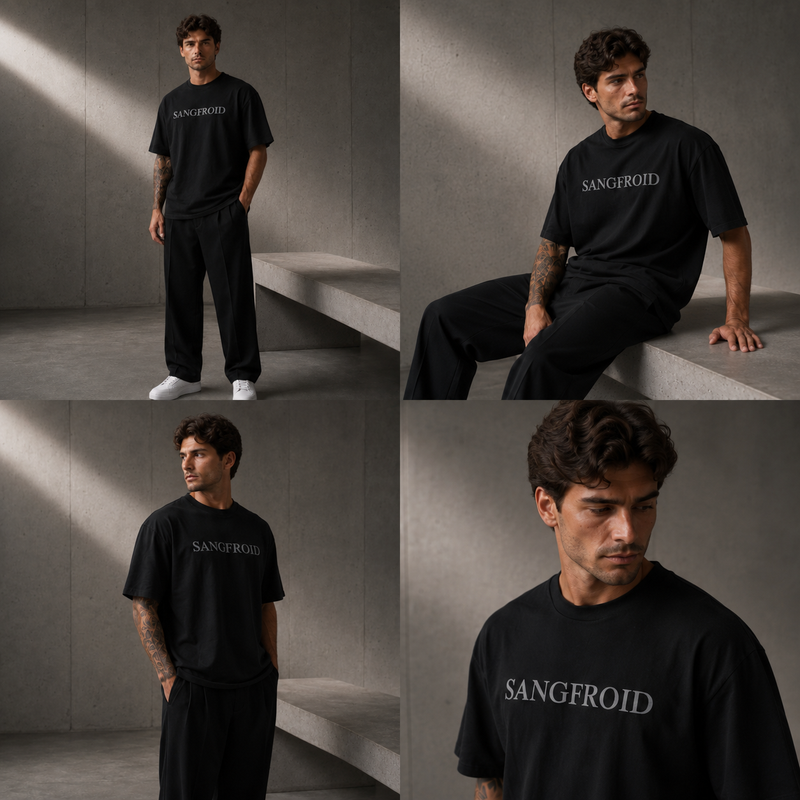 Man wearing a black 'SANGFROID' t-shirt in various poses against a gray background